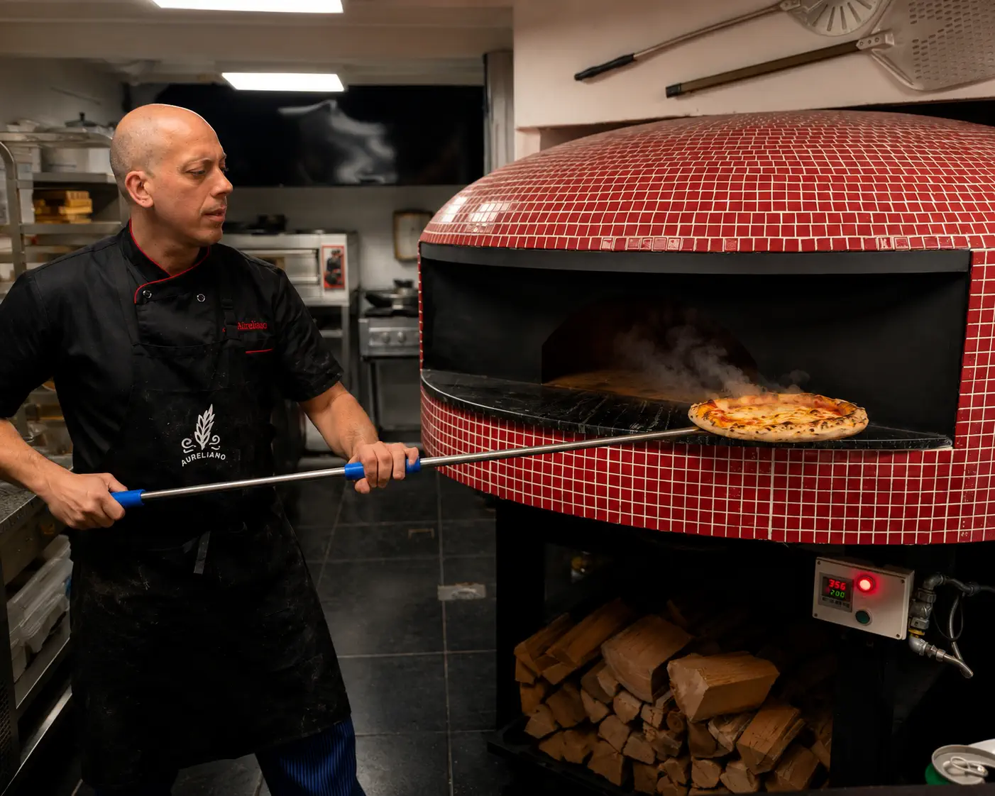 Mauricio Aureliano Sanguinetti preparando una pizza en el horno
